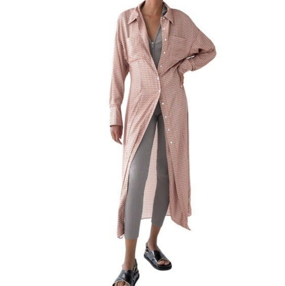 NWT Zara Silky Long Sleep Shirt Dress Micro Allover Print size Medium